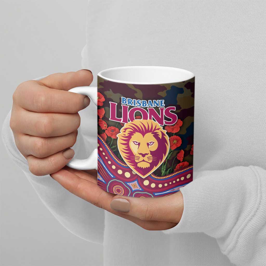 Brisbane Lions ANZAC Day Ceramic Mug Indigenous Dot Art with Poppy Flower Tribute