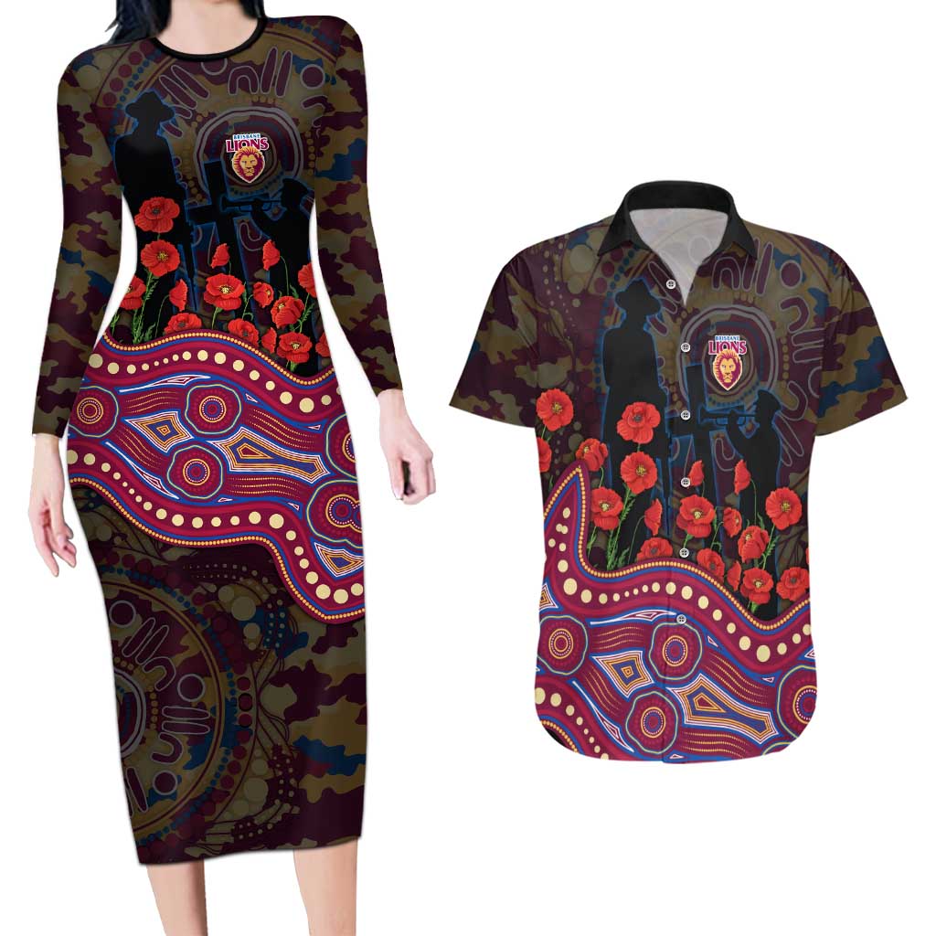 Brisbane Lions ANZAC Day Couples Matching Long Sleeve Bodycon Dress and Hawaiian Shirt Indigenous Dot Art with Poppy Flower Tribute