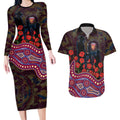 Brisbane Lions ANZAC Day Couples Matching Long Sleeve Bodycon Dress and Hawaiian Shirt Indigenous Dot Art with Poppy Flower Tribute