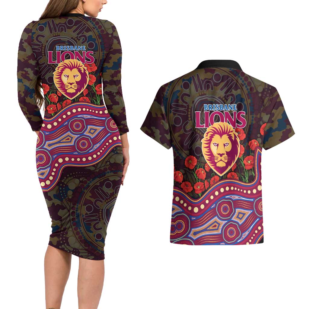 Brisbane Lions ANZAC Day Couples Matching Long Sleeve Bodycon Dress and Hawaiian Shirt Indigenous Dot Art with Poppy Flower Tribute