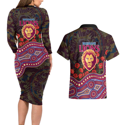 Brisbane Lions ANZAC Day Couples Matching Long Sleeve Bodycon Dress and Hawaiian Shirt Indigenous Dot Art with Poppy Flower Tribute