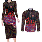 Brisbane Lions ANZAC Day Couples Matching Long Sleeve Bodycon Dress and Long Sleeve Button Shirt Indigenous Dot Art with Poppy Flower Tribute