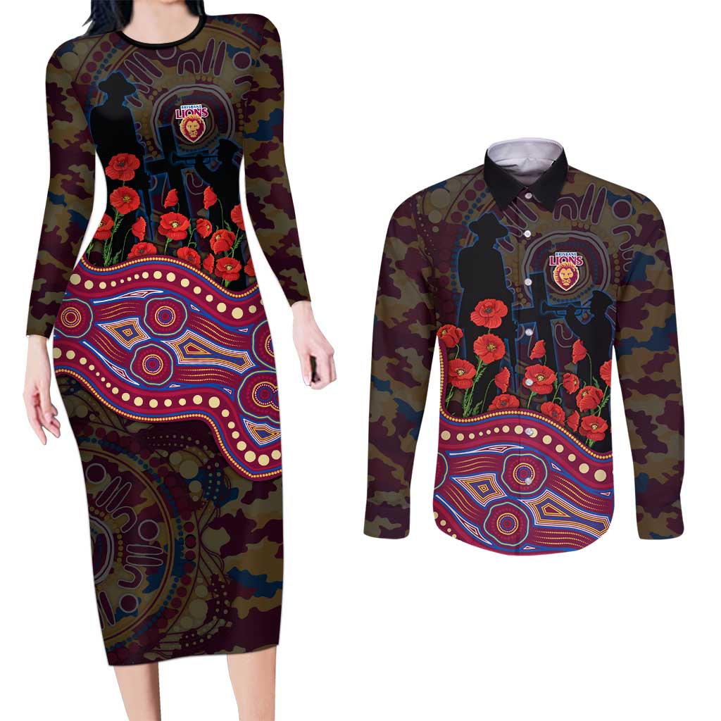 Brisbane Lions ANZAC Day Couples Matching Long Sleeve Bodycon Dress and Long Sleeve Button Shirt Indigenous Dot Art with Poppy Flower Tribute