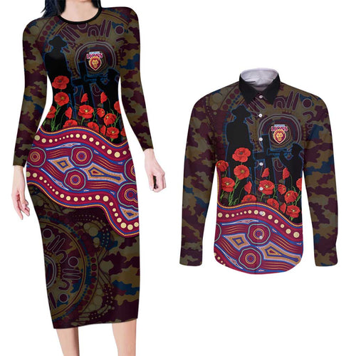 Brisbane Lions ANZAC Day Couples Matching Long Sleeve Bodycon Dress and Long Sleeve Button Shirt Indigenous Dot Art with Poppy Flower Tribute