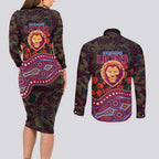 Brisbane Lions ANZAC Day Couples Matching Long Sleeve Bodycon Dress and Long Sleeve Button Shirt Indigenous Dot Art with Poppy Flower Tribute