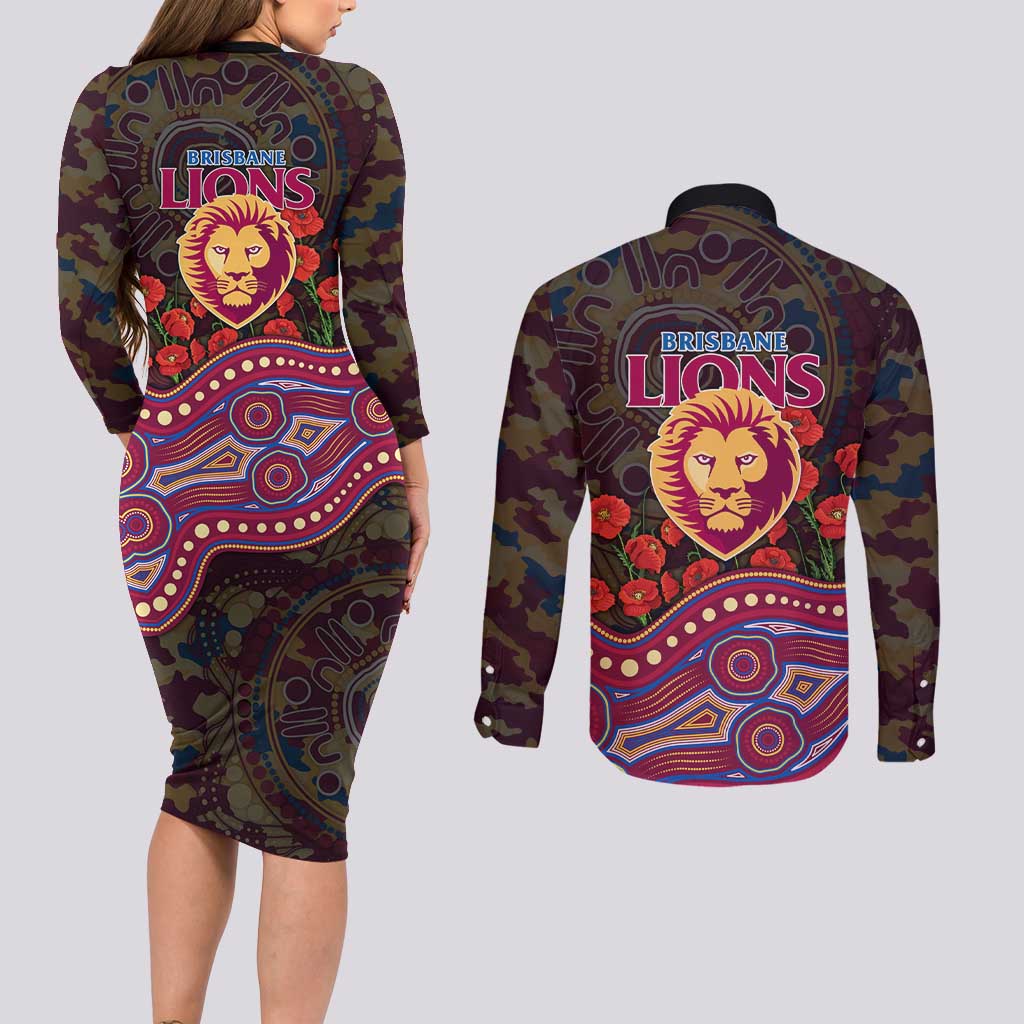 Brisbane Lions ANZAC Day Couples Matching Long Sleeve Bodycon Dress and Long Sleeve Button Shirt Indigenous Dot Art with Poppy Flower Tribute