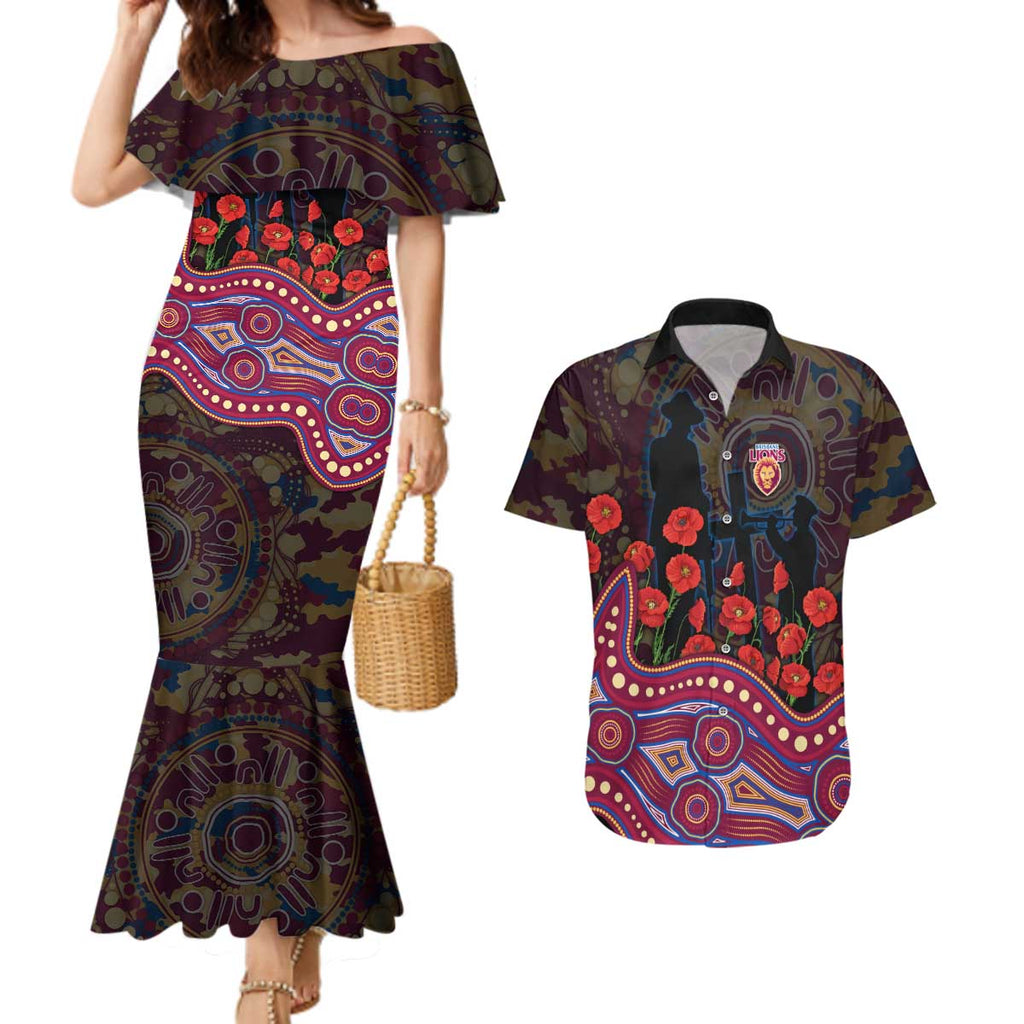 Brisbane Lions ANZAC Day Couples Matching Mermaid Dress and Hawaiian Shirt Indigenous Dot Art with Poppy Flower Tribute
