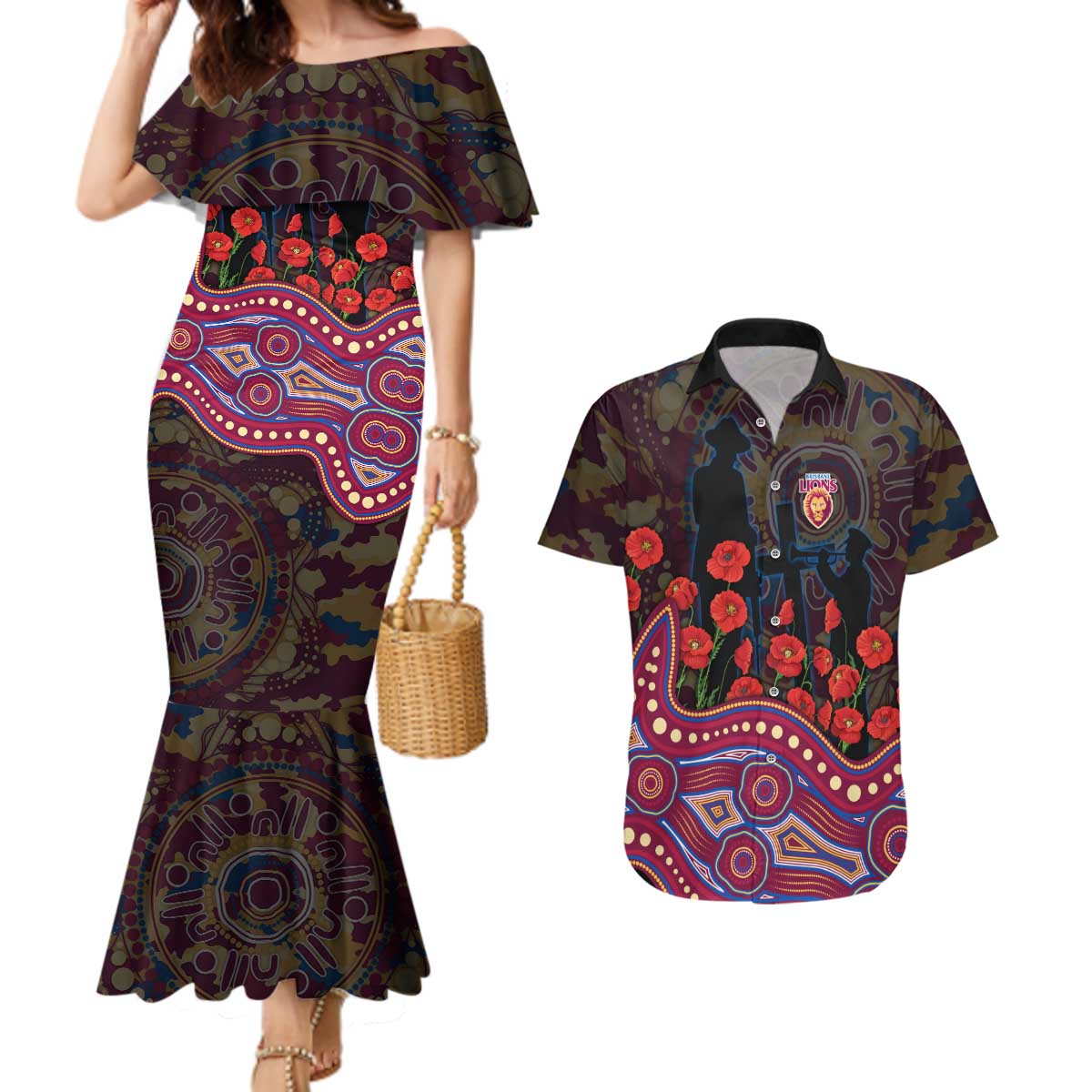 Brisbane Lions ANZAC Day Couples Matching Mermaid Dress and Hawaiian Shirt Indigenous Dot Art with Poppy Flower Tribute