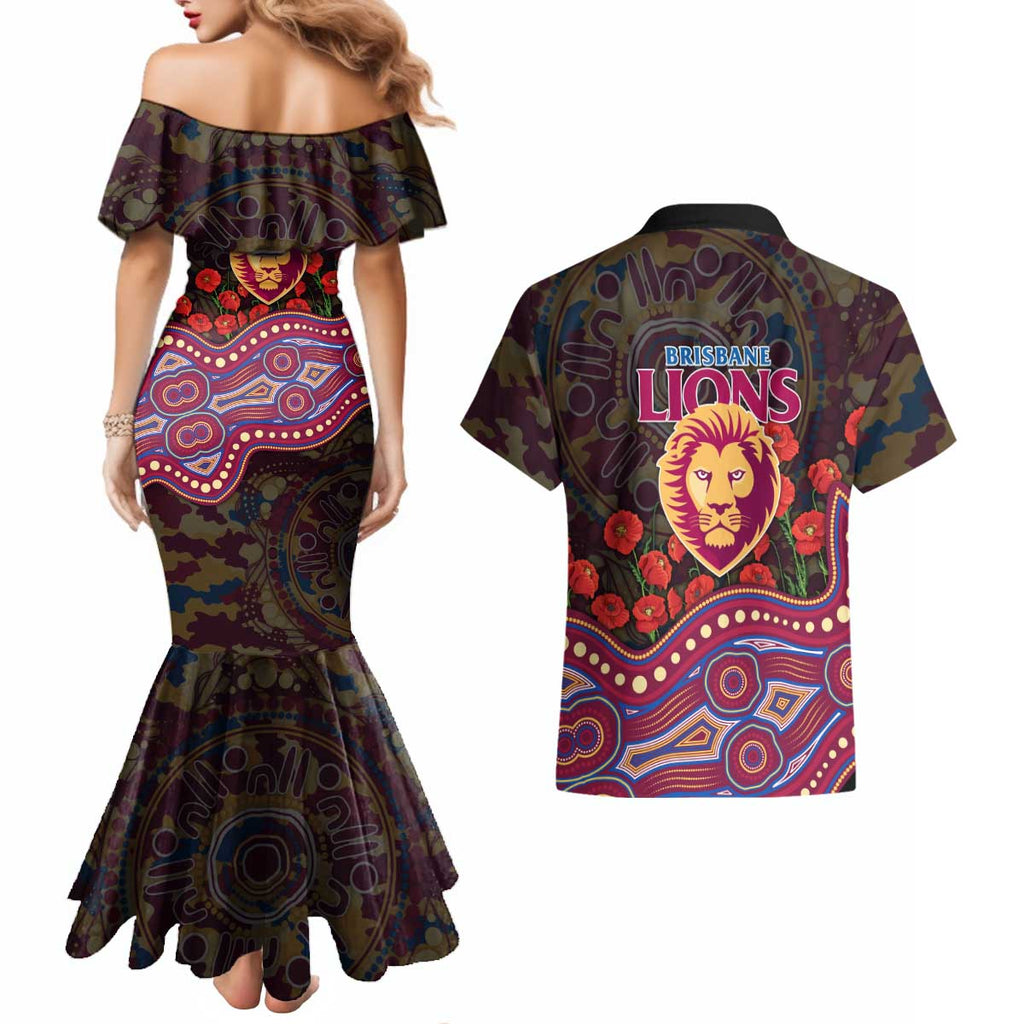 Brisbane Lions ANZAC Day Couples Matching Mermaid Dress and Hawaiian Shirt Indigenous Dot Art with Poppy Flower Tribute