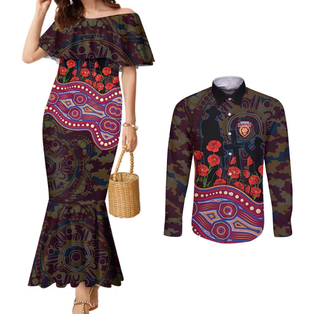 Brisbane Lions ANZAC Day Couples Matching Mermaid Dress and Long Sleeve Button Shirt Indigenous Dot Art with Poppy Flower Tribute