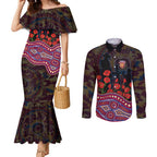 Brisbane Lions ANZAC Day Couples Matching Mermaid Dress and Long Sleeve Button Shirt Indigenous Dot Art with Poppy Flower Tribute
