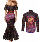 Brisbane Lions ANZAC Day Couples Matching Mermaid Dress and Long Sleeve Button Shirt Indigenous Dot Art with Poppy Flower Tribute