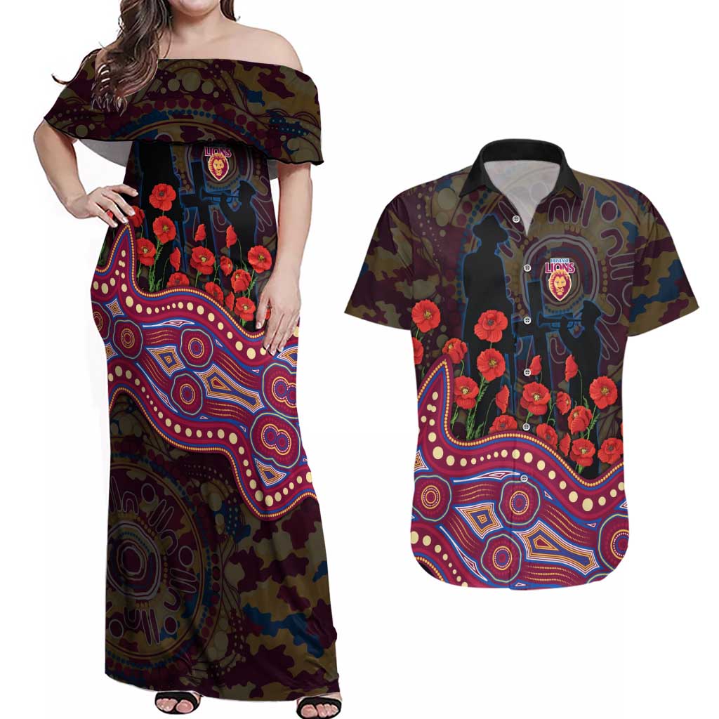 Brisbane Lions ANZAC Day Couples Matching Off Shoulder Maxi Dress and Hawaiian Shirt Indigenous Dot Art with Poppy Flower Tribute