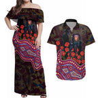 Brisbane Lions ANZAC Day Couples Matching Off Shoulder Maxi Dress and Hawaiian Shirt Indigenous Dot Art with Poppy Flower Tribute
