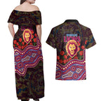 Brisbane Lions ANZAC Day Couples Matching Off Shoulder Maxi Dress and Hawaiian Shirt Indigenous Dot Art with Poppy Flower Tribute