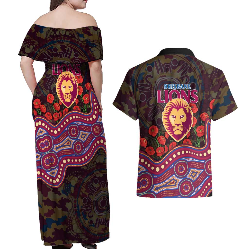 Brisbane Lions ANZAC Day Couples Matching Off Shoulder Maxi Dress and Hawaiian Shirt Indigenous Dot Art with Poppy Flower Tribute