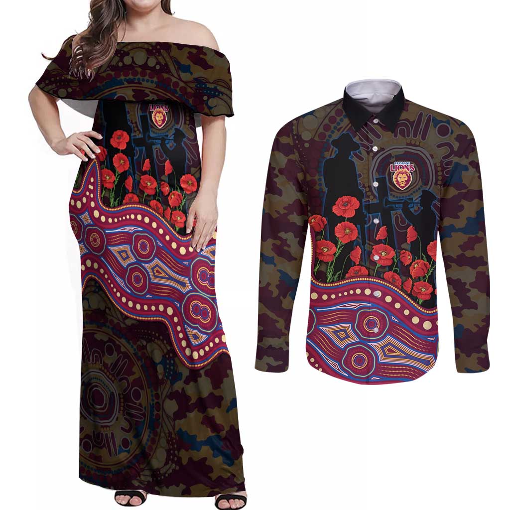 Brisbane Lions ANZAC Day Couples Matching Off Shoulder Maxi Dress and Long Sleeve Button Shirt Indigenous Dot Art with Poppy Flower Tribute