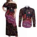 Brisbane Lions ANZAC Day Couples Matching Off Shoulder Maxi Dress and Long Sleeve Button Shirt Indigenous Dot Art with Poppy Flower Tribute