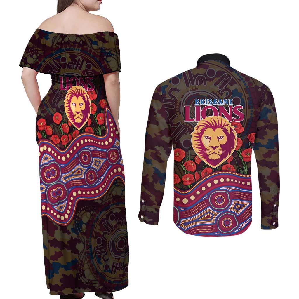 Brisbane Lions ANZAC Day Couples Matching Off Shoulder Maxi Dress and Long Sleeve Button Shirt Indigenous Dot Art with Poppy Flower Tribute
