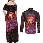 Brisbane Lions ANZAC Day Couples Matching Off Shoulder Maxi Dress and Long Sleeve Button Shirt Indigenous Dot Art with Poppy Flower Tribute
