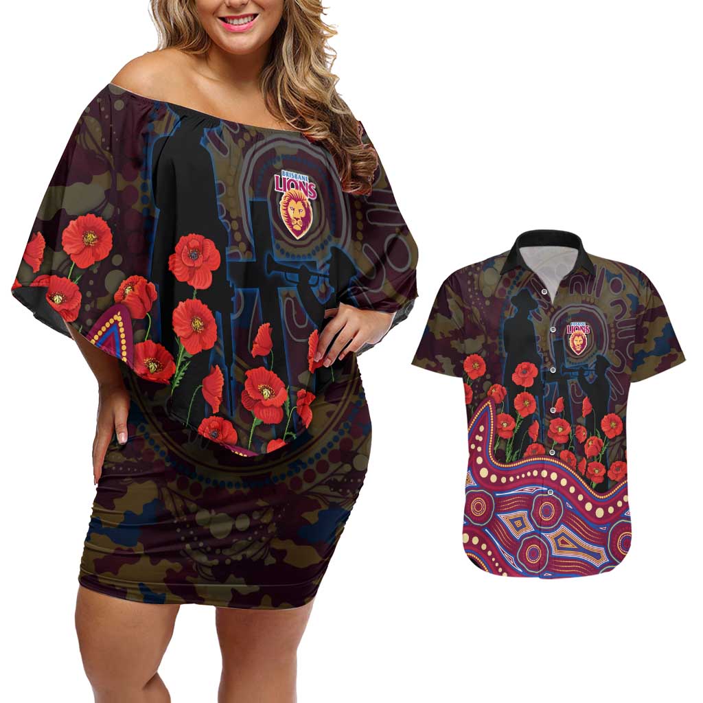 Brisbane Lions ANZAC Day Couples Matching Off Shoulder Short Dress and Hawaiian Shirt Indigenous Dot Art with Poppy Flower Tribute