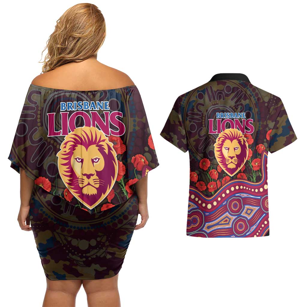 Brisbane Lions ANZAC Day Couples Matching Off Shoulder Short Dress and Hawaiian Shirt Indigenous Dot Art with Poppy Flower Tribute