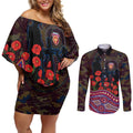 Brisbane Lions ANZAC Day Couples Matching Off Shoulder Short Dress and Long Sleeve Button Shirt Indigenous Dot Art with Poppy Flower Tribute
