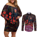 Brisbane Lions ANZAC Day Couples Matching Off Shoulder Short Dress and Long Sleeve Button Shirt Indigenous Dot Art with Poppy Flower Tribute