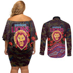 Brisbane Lions ANZAC Day Couples Matching Off Shoulder Short Dress and Long Sleeve Button Shirt Indigenous Dot Art with Poppy Flower Tribute