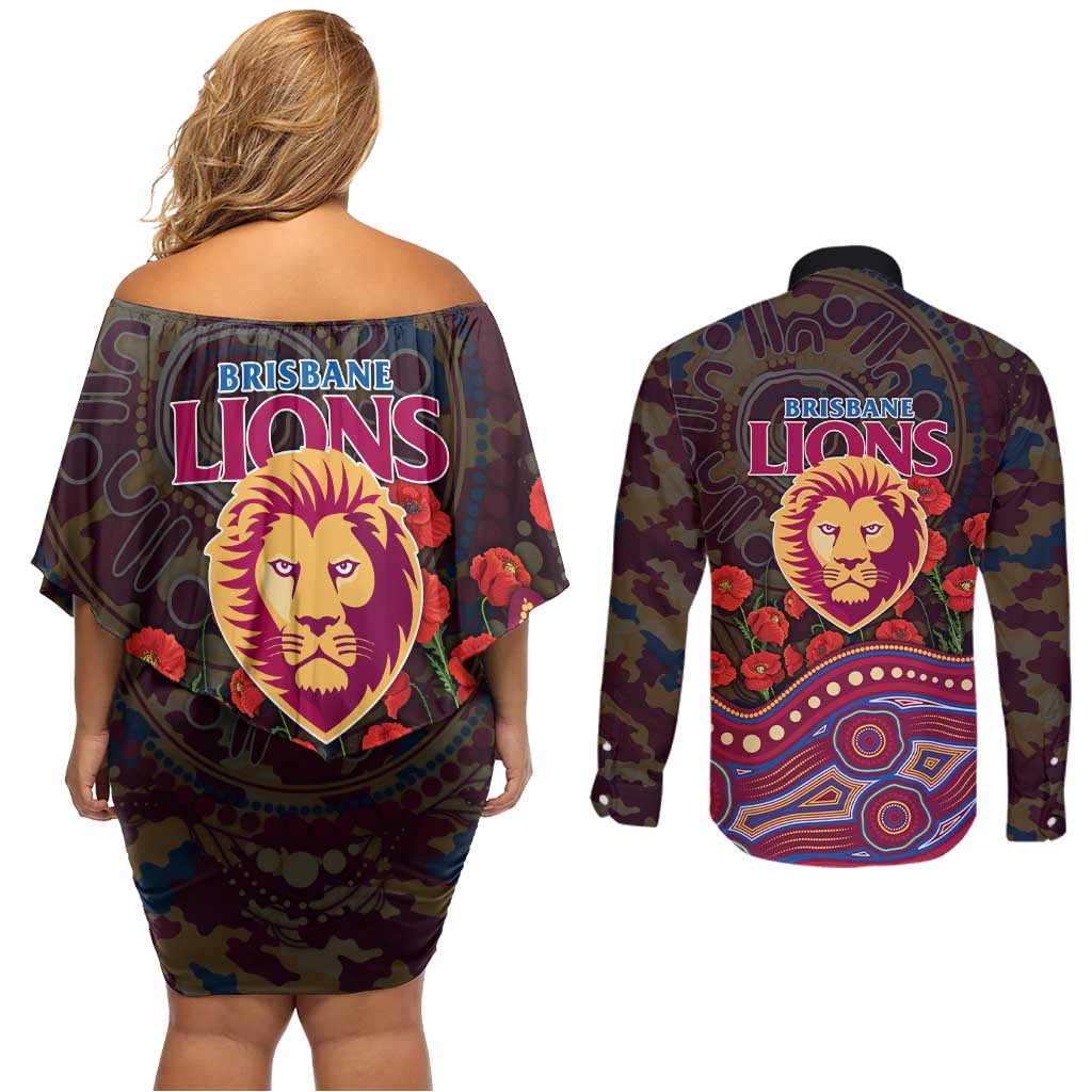 Brisbane Lions ANZAC Day Couples Matching Off Shoulder Short Dress and Long Sleeve Button Shirt Indigenous Dot Art with Poppy Flower Tribute