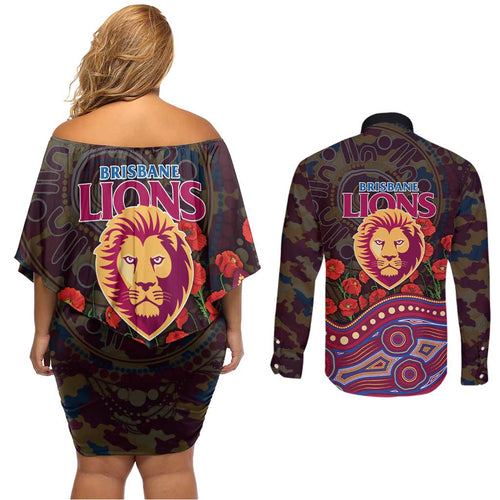 Brisbane Lions ANZAC Day Couples Matching Off Shoulder Short Dress and Long Sleeve Button Shirt Indigenous Dot Art with Poppy Flower Tribute