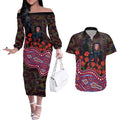 Brisbane Lions ANZAC Day Couples Matching Off The Shoulder Long Sleeve Dress and Hawaiian Shirt Indigenous Dot Art with Poppy Flower Tribute