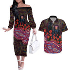 Brisbane Lions ANZAC Day Couples Matching Off The Shoulder Long Sleeve Dress and Hawaiian Shirt Indigenous Dot Art with Poppy Flower Tribute