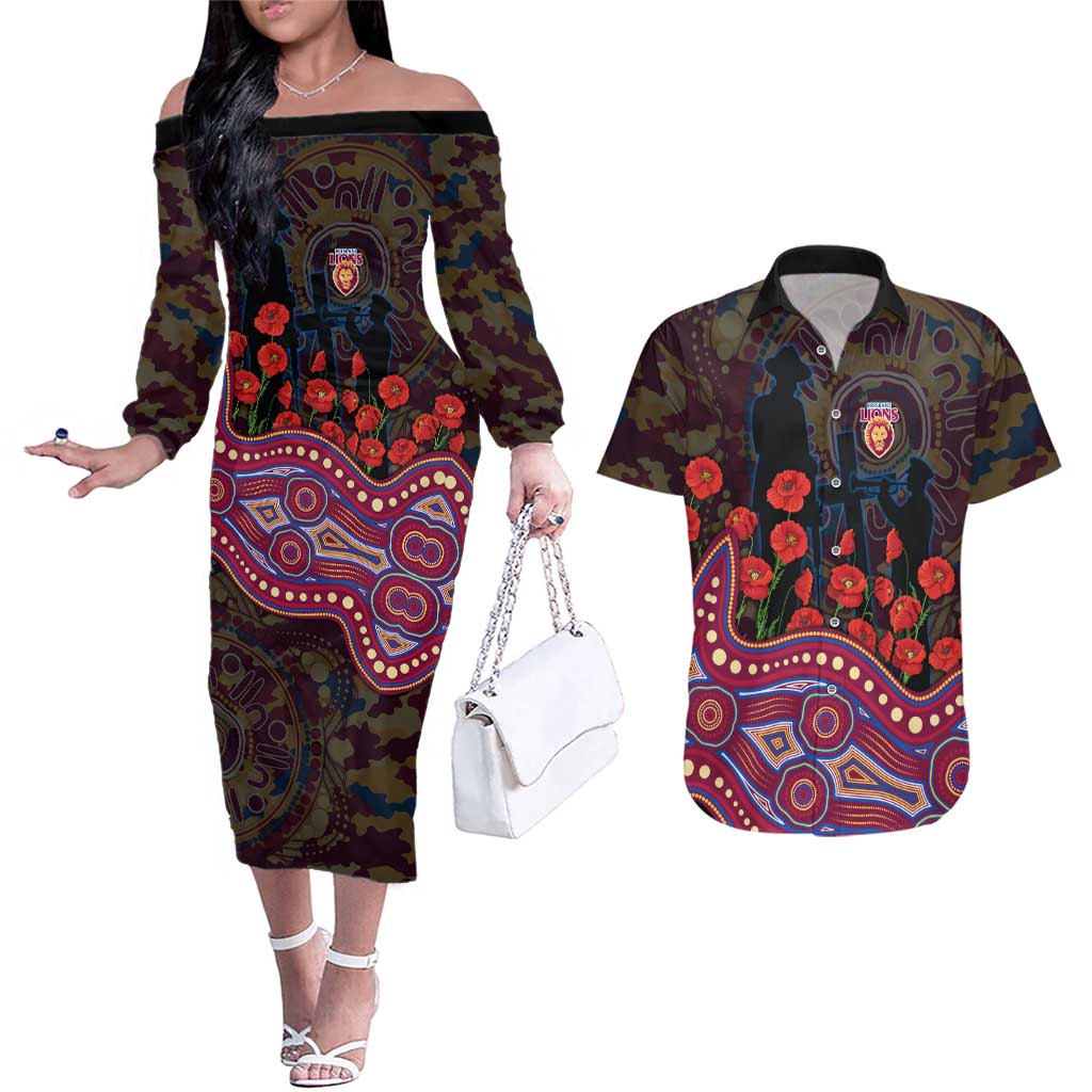 Brisbane Lions ANZAC Day Couples Matching Off The Shoulder Long Sleeve Dress and Hawaiian Shirt Indigenous Dot Art with Poppy Flower Tribute