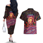 Brisbane Lions ANZAC Day Couples Matching Off The Shoulder Long Sleeve Dress and Hawaiian Shirt Indigenous Dot Art with Poppy Flower Tribute