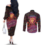 Brisbane Lions ANZAC Day Couples Matching Off The Shoulder Long Sleeve Dress and Long Sleeve Button Shirt Indigenous Dot Art with Poppy Flower Tribute