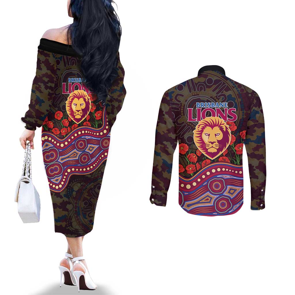 Brisbane Lions ANZAC Day Couples Matching Off The Shoulder Long Sleeve Dress and Long Sleeve Button Shirt Indigenous Dot Art with Poppy Flower Tribute