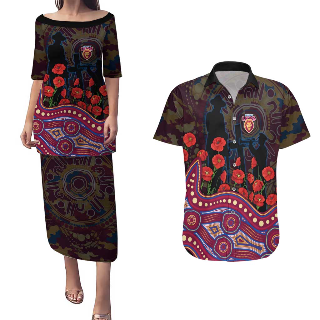 Brisbane Lions ANZAC Day Couples Matching Puletasi and Hawaiian Shirt Indigenous Dot Art with Poppy Flower Tribute