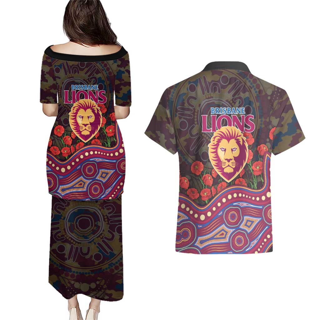 Brisbane Lions ANZAC Day Couples Matching Puletasi and Hawaiian Shirt Indigenous Dot Art with Poppy Flower Tribute