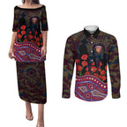 Brisbane Lions ANZAC Day Couples Matching Puletasi and Long Sleeve Button Shirt Indigenous Dot Art with Poppy Flower Tribute