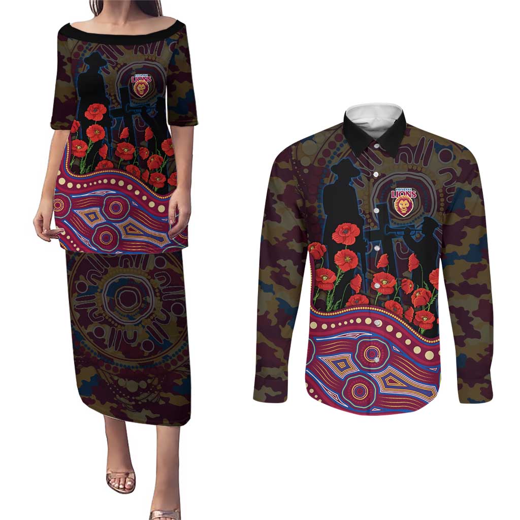 Brisbane Lions ANZAC Day Couples Matching Puletasi and Long Sleeve Button Shirt Indigenous Dot Art with Poppy Flower Tribute