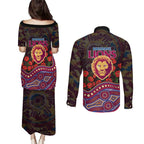 Brisbane Lions ANZAC Day Couples Matching Puletasi and Long Sleeve Button Shirt Indigenous Dot Art with Poppy Flower Tribute