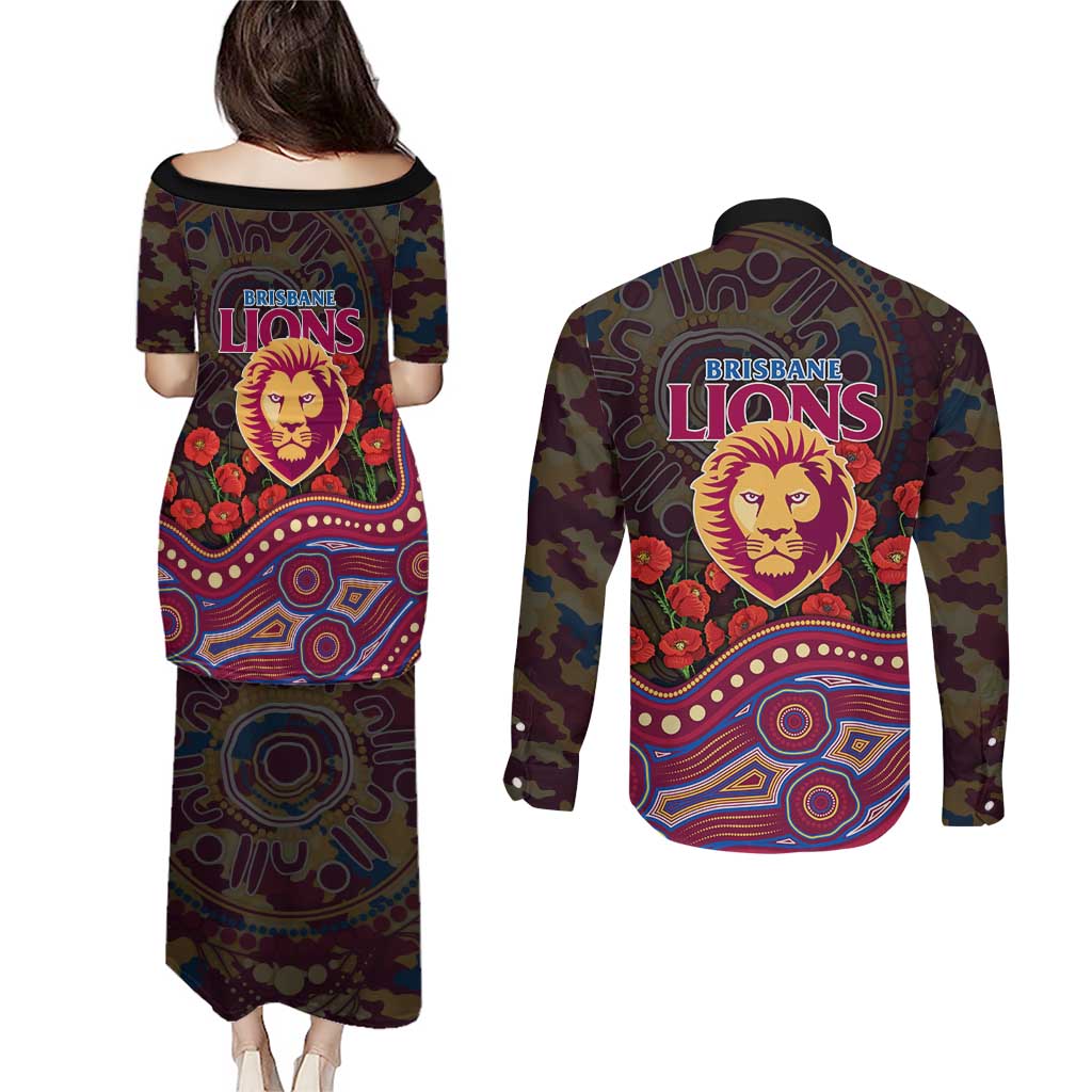 Brisbane Lions ANZAC Day Couples Matching Puletasi and Long Sleeve Button Shirt Indigenous Dot Art with Poppy Flower Tribute
