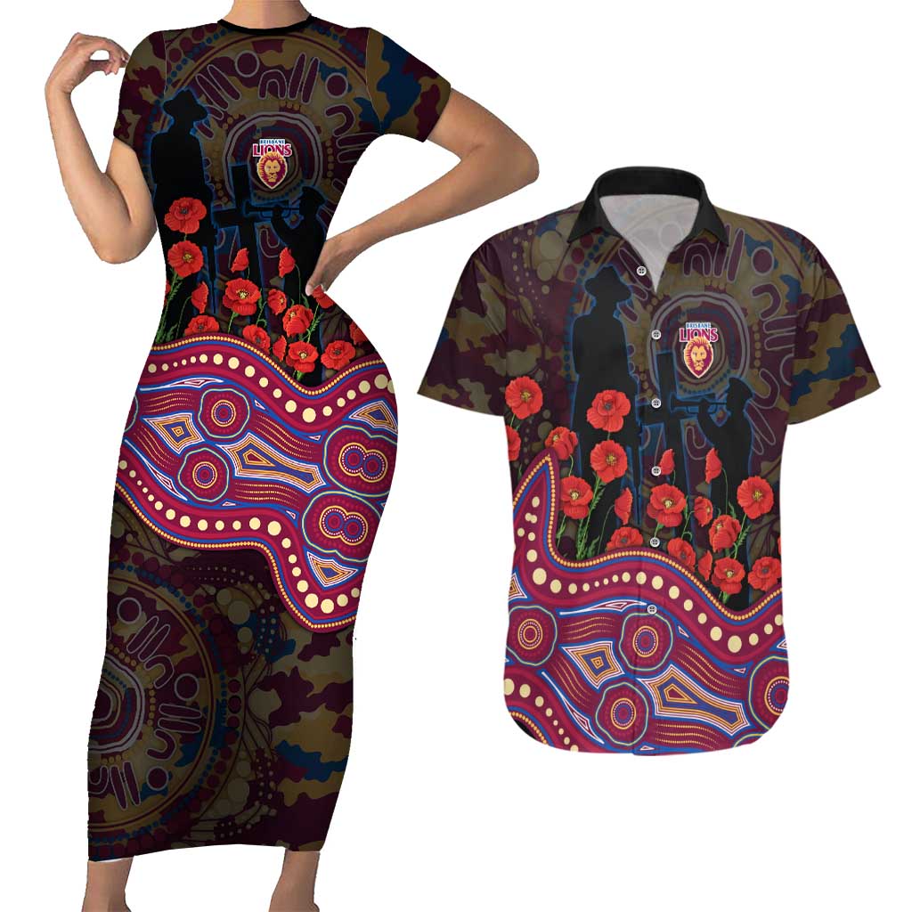 Brisbane Lions ANZAC Day Couples Matching Short Sleeve Bodycon Dress and Hawaiian Shirt Indigenous Dot Art with Poppy Flower Tribute