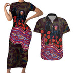 Brisbane Lions ANZAC Day Couples Matching Short Sleeve Bodycon Dress and Hawaiian Shirt Indigenous Dot Art with Poppy Flower Tribute
