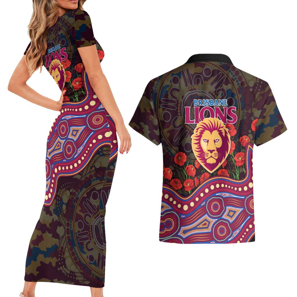 Brisbane Lions ANZAC Day Couples Matching Short Sleeve Bodycon Dress and Hawaiian Shirt Indigenous Dot Art with Poppy Flower Tribute