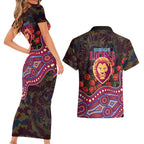 Brisbane Lions ANZAC Day Couples Matching Short Sleeve Bodycon Dress and Hawaiian Shirt Indigenous Dot Art with Poppy Flower Tribute