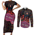 Brisbane Lions ANZAC Day Couples Matching Short Sleeve Bodycon Dress and Long Sleeve Button Shirt Indigenous Dot Art with Poppy Flower Tribute