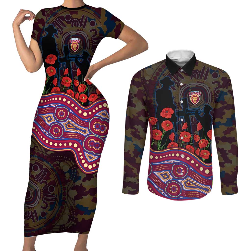 Brisbane Lions ANZAC Day Couples Matching Short Sleeve Bodycon Dress and Long Sleeve Button Shirt Indigenous Dot Art with Poppy Flower Tribute