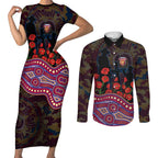 Brisbane Lions ANZAC Day Couples Matching Short Sleeve Bodycon Dress and Long Sleeve Button Shirt Indigenous Dot Art with Poppy Flower Tribute